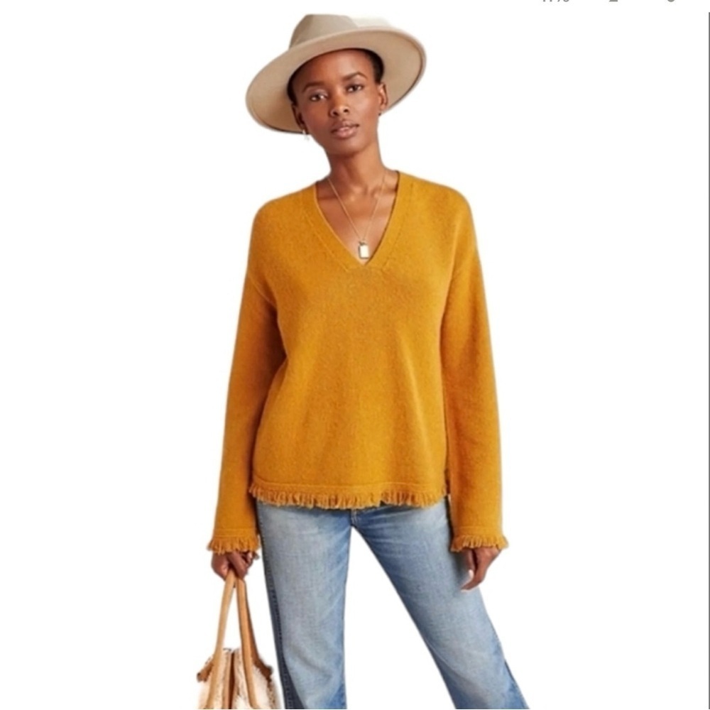 Anthropologie Joy Fringed V-Neck Mustard Yellow Alpaca Blend Sweater XS